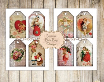 Printable Junk Journal Valentine Tags, Digital Vintage Romance Gift Tags, Journaling Cards for Journals and Planners Scrapbook Collage Sheet