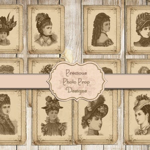 Vintage Women Ephemera Printable for Junk Journals, Digital Grungy Postcards Download for Scrapbook, Cards Edwardian Ladies Victorian Hats