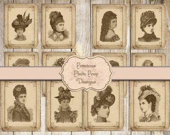 Vintage Women Ephemera Printable for Junk Journals, Digital Grungy Postcards Download for Scrapbook, Cards Edwardian Ladies Victorian Hats