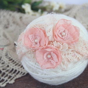 Newborn Headband Tieback, Rose Pink Flower Tieback, Vintage Lace Tieback, Newborn Halo, Organic Tieback, Baby Tieback, Newborn Photo Prop image 5