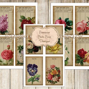 Vintage Ephemera Printable for Junk Journals, Vintage Library Cards Download for Scrapbook, Grungy  Victorian Floral Roses Journal Cards