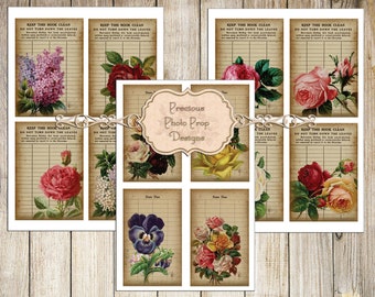 Vintage Ephemera Printable for Junk Journals, Vintage Library Cards Download for Scrapbook, Grungy  Victorian Floral Roses Journal Cards