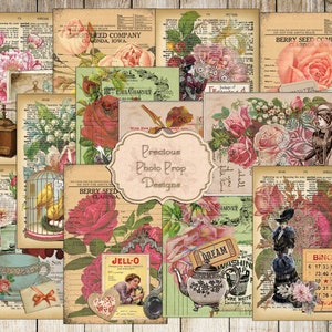Vintage Ephemera Printable for Junk Journals, Digital Ephemera Floral Postcards Download for Scrapbook Planner, Vintage Grungy Journal Cards