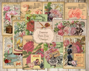 Vintage Ephemera Printable for Junk Journals, Digital Ephemera Floral Postcards Download for Scrapbook Planner, Vintage Grungy Journal Cards