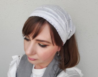White Lace Women Head Wrap Headband, Head Covering, White Embroidered Cotton Scrunchy Headband, Wide Headband Christian Head Scarf with Ties