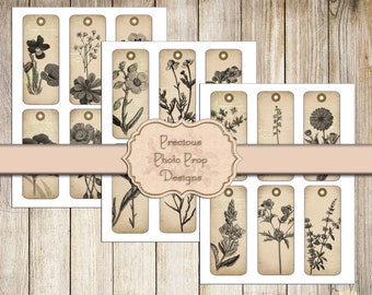 Vintage botanische ephemera afdrukbare voor ongewenste tijdschriften, digitale Floral Tags kaarten downloaden voor ScrapBook planner, natuur Kit grijs schaal