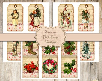 Printable Junk Journal Vintage Christmas Collage Tags and Cards, Digital Christmas Stitched Journaling Cards for Journals Planner Scrapbook