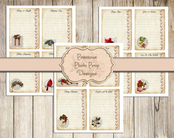 Printable Junk Journal Vintage Christmas Note Cards, Digital Christmas Journaling Cards for Journals Planners Scrapbook, Greetings, Lined