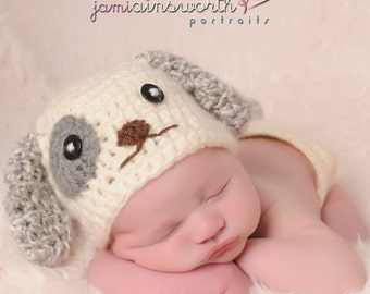 Newborn Puppy Hat, Baby Puppy Hat, Newborn Doggy Hat, Baby Boy Puppy Hat,  Newborn Photo Prop, Baby Puppy Hat, Dog Hat, Cream Gray Puppy