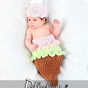 ICE CREAM CONE Cocoon and Beanie Hat Set, Baby Girl Cocoon, Newborn Cocoon, Crochet Newborn Baby Photo Prop image 3