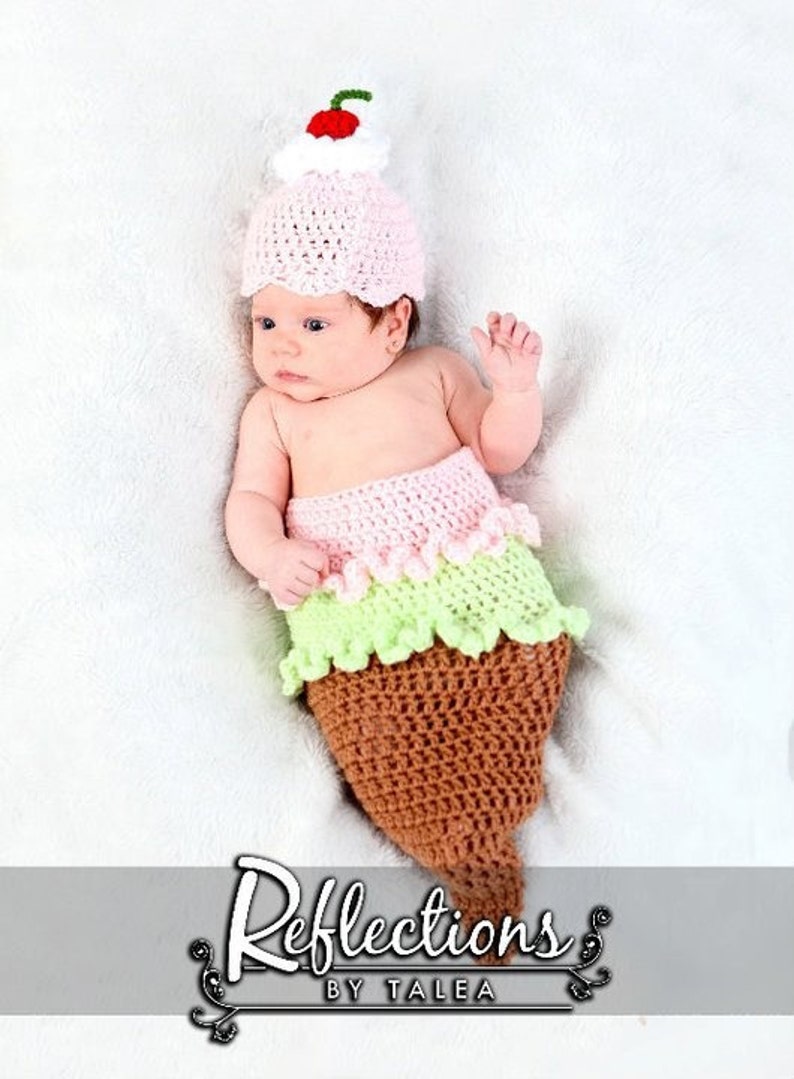 ICE CREAM CONE Cocoon and Beanie Hat Set, Baby Girl Cocoon, Newborn Cocoon, Crochet Newborn Baby Photo Prop image 3