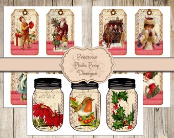 Printable Junk Journal Vintage Christmas Collage Tags and Mason Jars, Digital Christmas Stitched Cards for Journals Planner Scrapbook