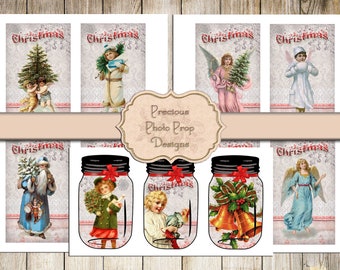 Printable Junk Journal Kit Vintage Christmas Collage Cards and Mason Jars, Digital Christmas Stitched Cards for Journals Planner Scrapbook