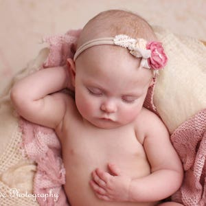 Newborn Tieback, Newborn Headband, Deep Mauve Flower Tieback, Newborn Photo Prop, Newborn Halo, Baby Tieback, Spring Tieback, Blush, Cream image 2