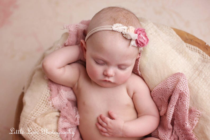 Newborn Tieback, Newborn Headband, Deep Mauve Flower Tieback, Newborn Photo Prop, Newborn Halo, Baby Tieback, Spring Tieback, Blush, Cream image 2