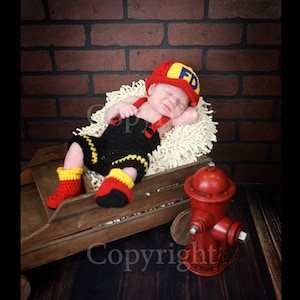 Newborn Fireman Hat, Pants with Suspenders and Boots , Baby Fireman set, Newborn Fireman set, Newborn Firefighter Set PHOTO PROP image 1