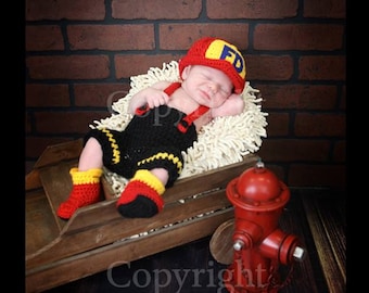 Baby Fireman Hat, Pants with Suspenders and Boots , Baby Fireman set, Newborn Fireman set, Newborn Firefighter Set PHOTO PROP