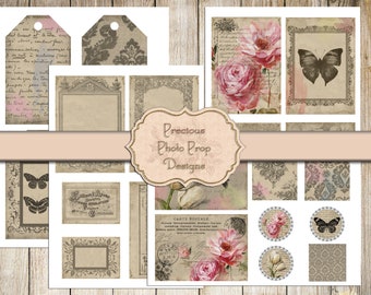 Vintage Ephemera Kit Printable for Junk Journals, Journal Cards Tags Labels  Ads Digital Download for Scrapbook Planner, Floral Butterfly