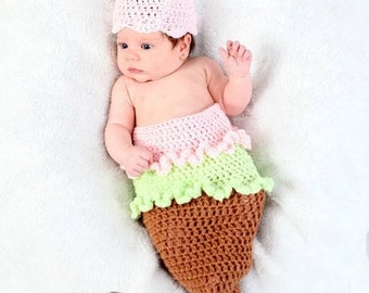 Original Design ICE CREAM CONE Cocoon Hat Set, Newborn Baby Photo Prop, Crochet Cocoon, Newborn Photography, Newborn Girl Prop, Pink, Mint