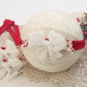 Christmas Headband, Christmas Bow Tieback, Newborn Bow Tieback, Newborn Tie Back, White Bow Red Tieback, Baby Headband, Newborn Photo Prop
