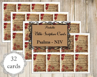 Printable Bible Scripture Psalms Cards, Set of 32 Bible Verses Cards for Study, Digital Download for Faith Inspirational Art Journals