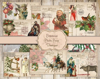 Christmas Digital Vintage Postcards for Junk Journal Scrapbooks Planners. Vintage Postcards Printable, Victorian Christmas, Journal Cards