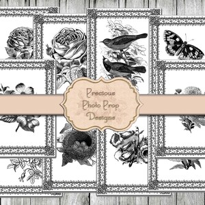 Natur Vintage Eintagsfliegen bedruckbar für Junk-Zeitschriften, schwarz und weiß Blume Vögel Schmetterling Karten Download für Scrapbook-Planer-einfarbig