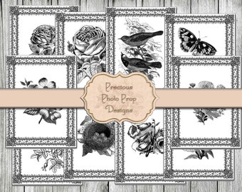 Nature Vintage Ephemera Printable for Junk Journals, Black and White Flower Birds Butterfly Cards Download for Scrapbook Planners Monochrome