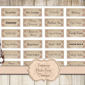 Vintage Ephemera Printable for Junk Journals, Christmas Words Labels Digital Scrapbook Planner Download, Winter Holiday Words Labels Sheet