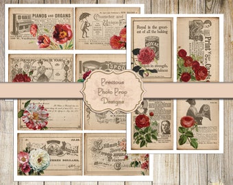 Vintage Ads Ephemera Printable for Junk Journals, Vintage Floral Forms Cards Download for Scrapbook, Grungy Roses Journal Cards