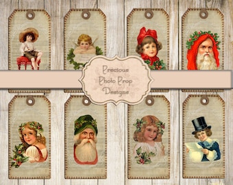 Printable Junk Journal Vintage Christmas Tags, Digital Christmas Stitched Journaling Cards for Journals Planner Scrapbook, Santa Angels