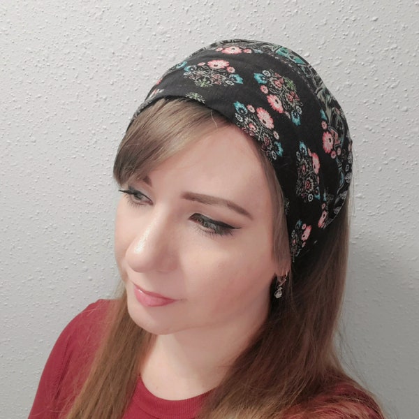 Floral Print Women Head Wrap Headband, Head Covering, Boho Scrunchy Headband, Wide Headband Christian Head Scarf with Ties, Black Blue