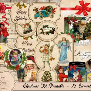 Vintage Christmas Ephemera Printable for Junk Journals, Digital Circle Labels Stamps Mason Jars Tickets Envelope Download for Scrapbook