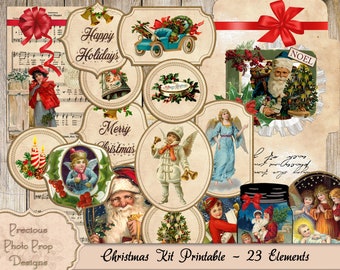 Vintage Christmas Ephemera Printable for Junk Journals, Digital Circle Labels Stamps Mason Jars Tickets Envelope Download for Scrapbook