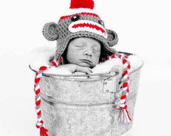 Baby Sock Monkey Hat, Newborn Sock Monkey Hat, Baby Crochet Unique Photo Prop Select Size