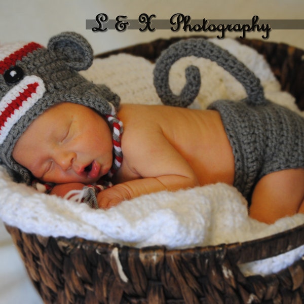 Newborn Sock Monkey  Hat  and Diaper Cover Set,  Baby Crochet Unique Photo Prop