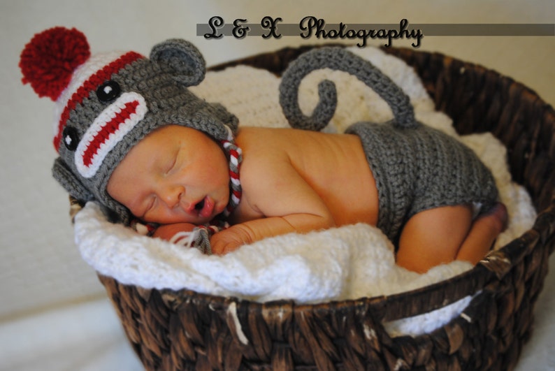 SET Sock Monkey Hat and Diaper Cover Baby Crochet Unique Photo Prop image 1