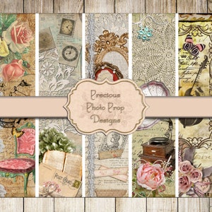 以下が含まれることがあります： ヴィンテージスタイルの画像8枚が収録されたデジタルコラージュシート。画像には、花柄、時計、レース模様、椅子、本、レコードプレーヤー、花束などが含まれています。画像は、茶色、クリーム色、ピンク色で構成されています。