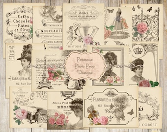 Vintage Paris and Roses Ephemera Printable for Junk Journals, 16 Cards Digital Download for Scrapbook Planner, Vintage Lady Journaling Card