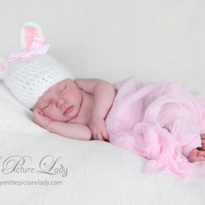 Baby Girl Bunny Hat, Newborn Bunny Hat with Bow, Baby Girl Bunny Hat, Baby Crochet Hat PHOTO PROP image 2