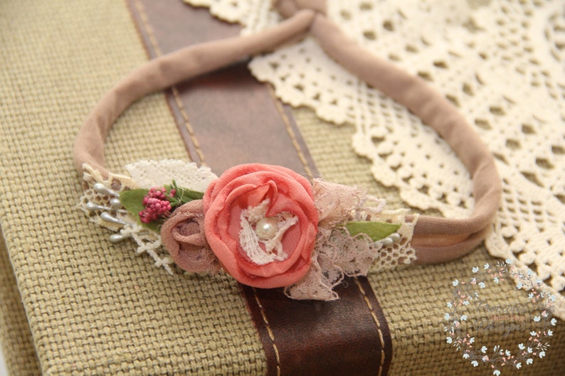 Fall Newborn Tieback Headband, Rose Beige Taupe Tieback, Flower Headband, Newborn Photo Prop, Floral Crown, Baby Headband, Girl Photo Prop image 2