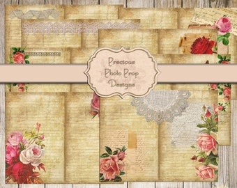 Vintage Roses Paper Pack for Junk Journal, Antique Notebook Scrapbook Paper, Printable Floral Lace Paper, Digital Paper Distressed Ephemera