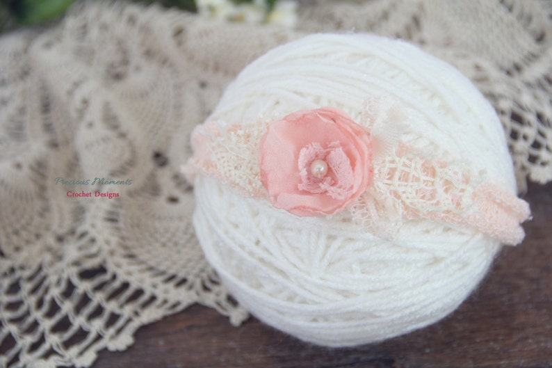 Newborn Headband Tieback, Rose Pink Flower Tieback, Vintage Lace Tieback, Newborn Halo, Organic Tieback, Baby Tieback, Newborn Photo Prop image 4