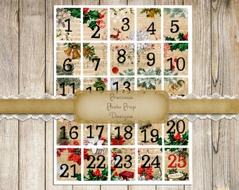 Christmas Numbers Printable for Junk Journals Planners Digital Scrapbook Download, Vintage Ephemera Pack Christmas Daily Cards Tags