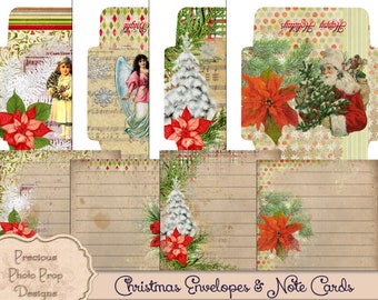 Christmas Envelopes  and Note Cards Printable Kit for Junk Journals Planners Scrapbooks, Digital Vintage Christmas Ephemera Kit Collage