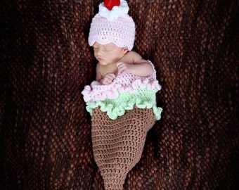 ICE CREAM CONE Cocoon and Hat, Newborn Ice Cream Cocoon Set, Crochet Newborn Baby Photo Prop