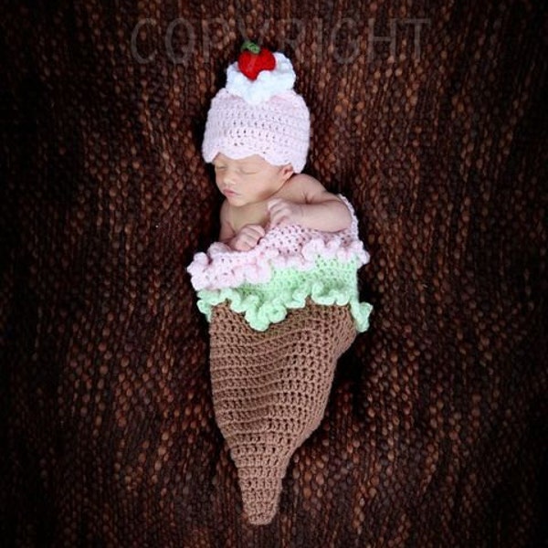 ICE CREAM CONE Cocoon and Hat, Newborn Ice Cream Cocoon Set, Crochet Newborn Baby Photo Prop