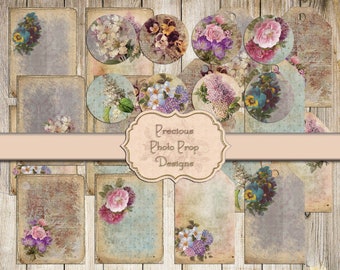 Vintage Floral Ephemera Printable for Junk Journals, Digital Grungy Cards Tags Labels  Download for Scrapbook Planner, Lavender Flowers