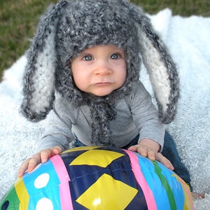 Baby Easter Hat, Gray Bunny Hat with Floppy Ears, Newborn Baby Crocheted PHOTO PROP image 3