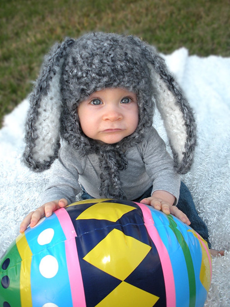 Baby Easter Hat, Gray Bunny Hat with Floppy Ears, Newborn Baby Crocheted PHOTO PROP image 3